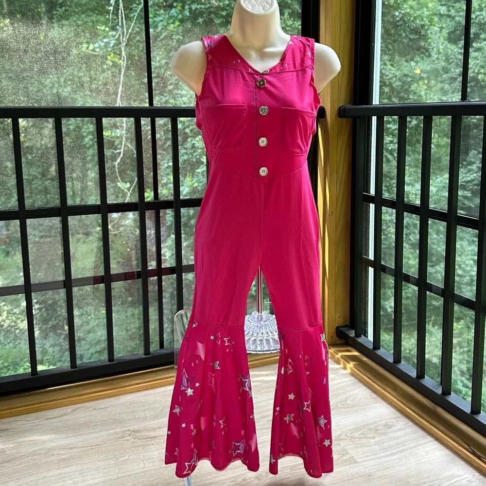 Festival Hippie Boho Barbie Pink Bellbottom One-Piece Dressup Jumpsuit ~ M (7-8)